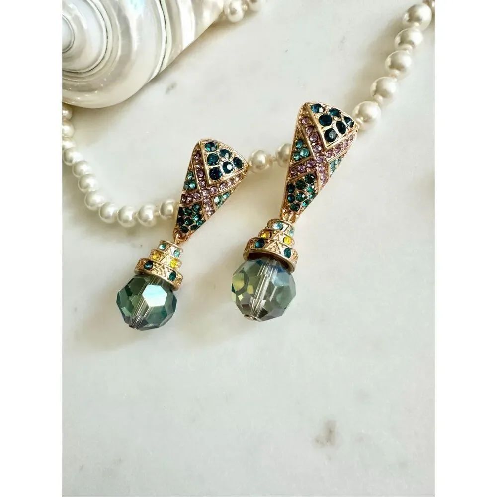 Regal style dusty blue teardrop beaded rhinestone dangle earrings